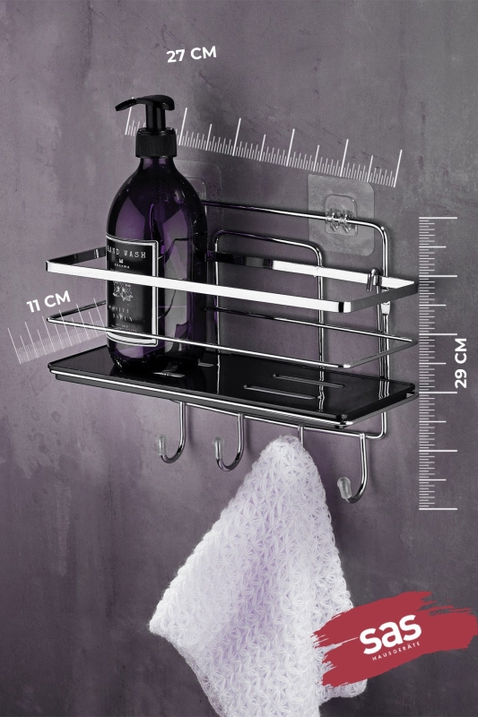 4 Kancalı Ayarlanabilir Banyo Rafı, Paslanmaz Kristal Şampuanlık (Yapıştır/Vidala) Krom-Siyah - 3