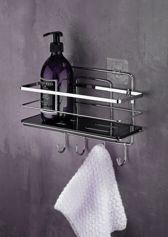 4 Kancalı Ayarlanabilir Banyo Rafı, Paslanmaz Kristal Şampuanlık (Yapıştır/Vidala) Krom-Siyah - 5