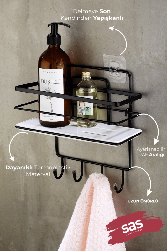 4 Kancalı Yapışkanlı Ayarlanabilir Banyo Duş Rafı Şampuanlık Siyah-Beyaz - LŞ-01 - SBSK - 2