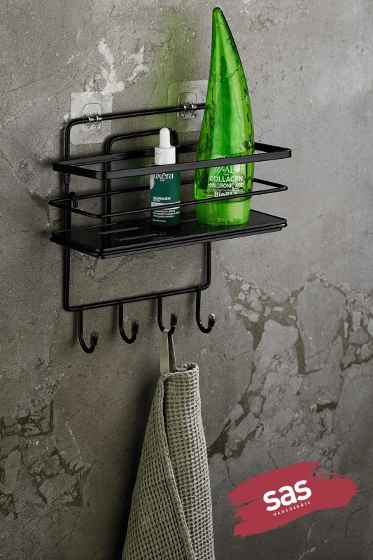 4 Kancalı Yapışkanlı Ayarlanabilir Banyo Duş Rafı Şampuanlık (Yapıştır/Vidala) Siyah - LŞ-01 - SSSK - 1
