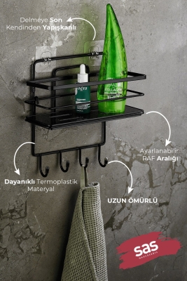 4 Kancalı Yapışkanlı Ayarlanabilir Banyo Duş Rafı Şampuanlık (Yapıştır/Vidala) Siyah - LŞ-01 - SSSK - 2