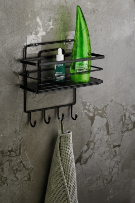 4 Kancalı Yapışkanlı Ayarlanabilir Banyo Duş Rafı Şampuanlık (Yapıştır/Vidala) Siyah - LŞ-01 - SSSK - 4