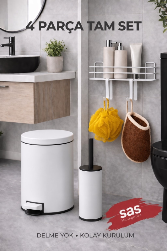 4 Parça Banyo Aksesuar Seti Yapışkanlı Duvar Rafı 5 LT Çöp Kovası Tuvalet Fırça Beyaz Titan 7104 - 1
