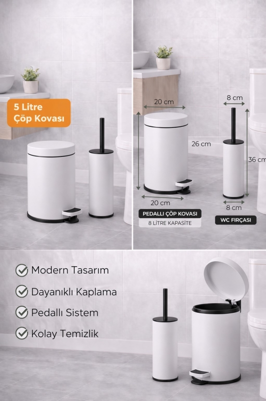 4 Parça Banyo Aksesuar Seti Yapışkanlı Duvar Rafı 5 LT Çöp Kovası Tuvalet Fırça Beyaz Titan 7104 - 2
