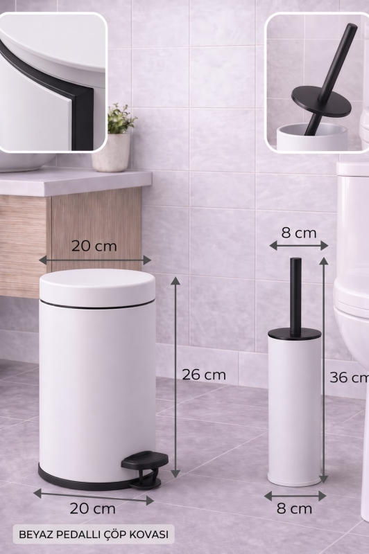 4 Parça Banyo Aksesuar Seti Yapışkanlı Duvar Rafı 5 LT Çöp Kovası Tuvalet Fırça Beyaz Titan 7104 - 3