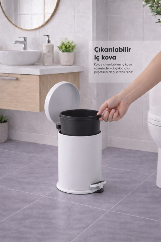 4 Parça Banyo Aksesuar Seti Yapışkanlı Duvar Rafı 5 LT Çöp Kovası Tuvalet Fırça Beyaz Titan 7104 - 5