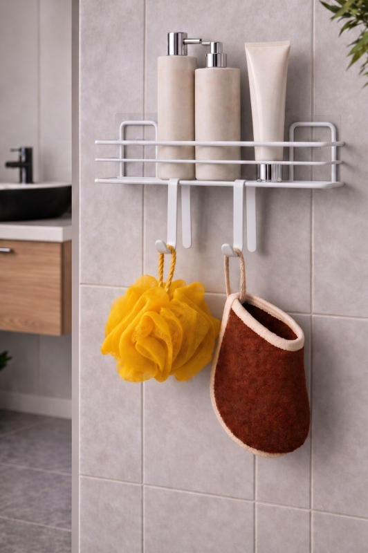 4 Parça Banyo Aksesuar Seti Yapışkanlı Duvar Rafı 5 LT Çöp Kovası Tuvalet Fırça Beyaz Titan 7104 - 6