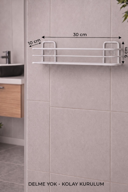 4 Parça Banyo Aksesuar Seti Yapışkanlı Duvar Rafı 5 LT Çöp Kovası Tuvalet Fırça Beyaz Titan 7104 - 7