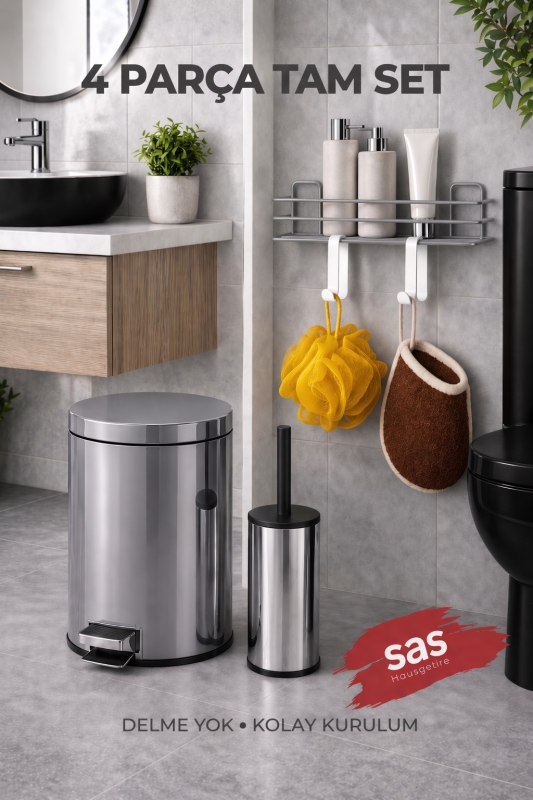 4 Parça Banyo Aksesuar Seti Yapışkanlı Duvar Rafı 5 LT Çöp Kovası Tuvalet Fırça Krom Titan 7104 - 1