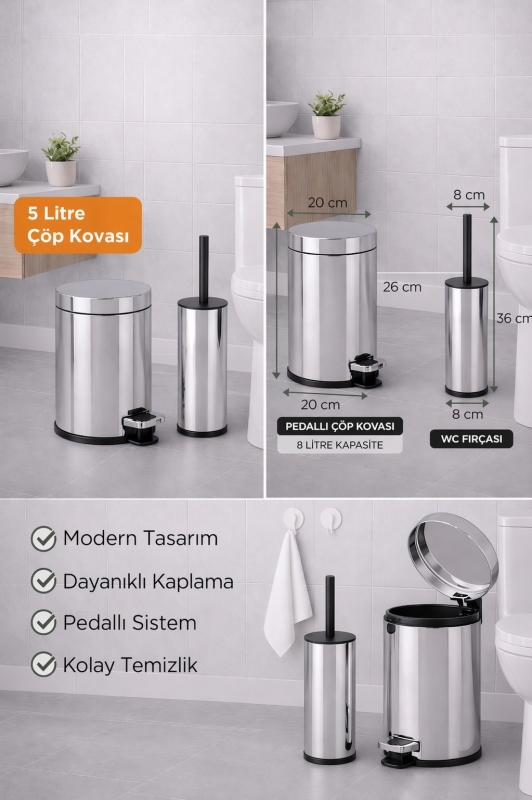 4 Parça Banyo Aksesuar Seti Yapışkanlı Duvar Rafı 5 LT Çöp Kovası Tuvalet Fırça Krom Titan 7104 - 2