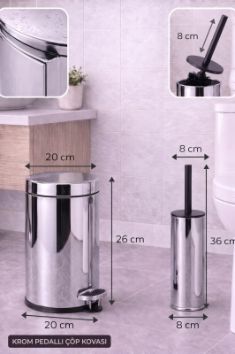 4 Parça Banyo Aksesuar Seti Yapışkanlı Duvar Rafı 5 LT Çöp Kovası Tuvalet Fırça Krom Titan 7104 - 3
