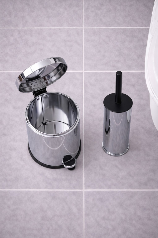 4 Parça Banyo Aksesuar Seti Yapışkanlı Duvar Rafı 5 LT Çöp Kovası Tuvalet Fırça Krom Titan 7104 - 4