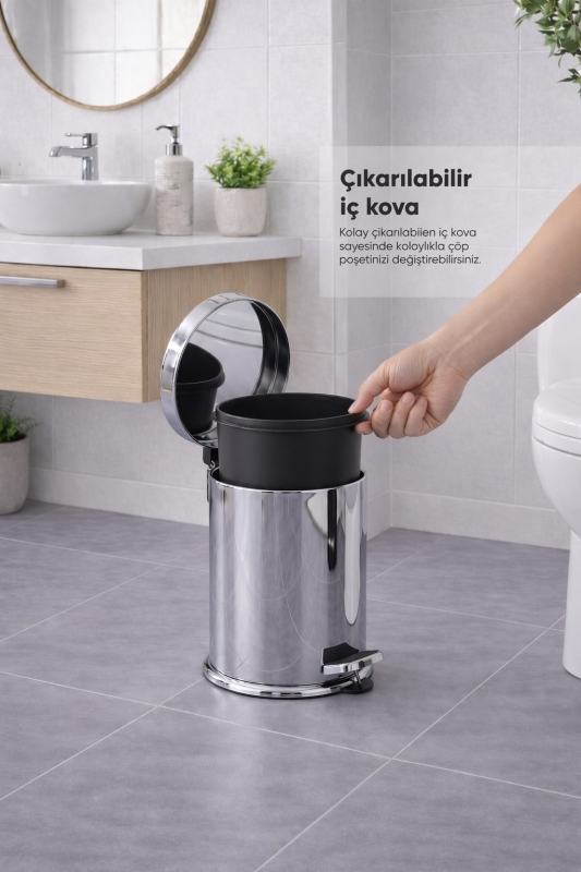 4 Parça Banyo Aksesuar Seti Yapışkanlı Duvar Rafı 5 LT Çöp Kovası Tuvalet Fırça Krom Titan 7104 - 5