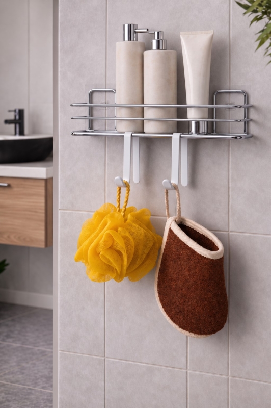 4 Parça Banyo Aksesuar Seti Yapışkanlı Duvar Rafı 5 LT Çöp Kovası Tuvalet Fırça Krom Titan 7104 - 6