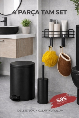 4 Parça Banyo Aksesuar Seti Yapışkanlı Duvar Rafı 5 LT Çöp Kovası Tuvalet Fırça Siyah Titan 7104 - Sas Haus