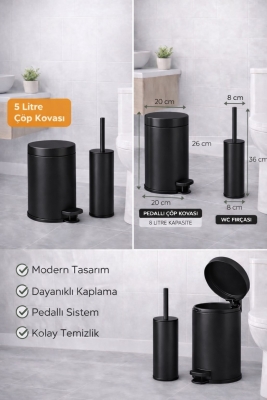 4 Parça Banyo Aksesuar Seti Yapışkanlı Duvar Rafı 5 LT Çöp Kovası Tuvalet Fırça Siyah Titan 7104 - 2