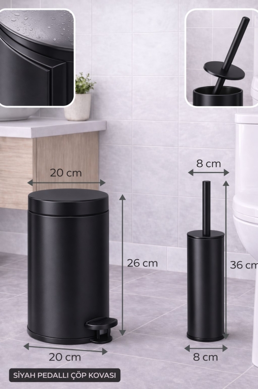 4 Parça Banyo Aksesuar Seti Yapışkanlı Duvar Rafı 5 LT Çöp Kovası Tuvalet Fırça Siyah Titan 7104 - 3
