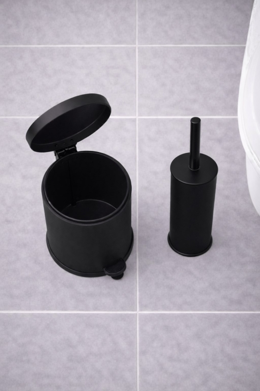 4 Parça Banyo Aksesuar Seti Yapışkanlı Duvar Rafı 5 LT Çöp Kovası Tuvalet Fırça Siyah Titan 7104 - 4