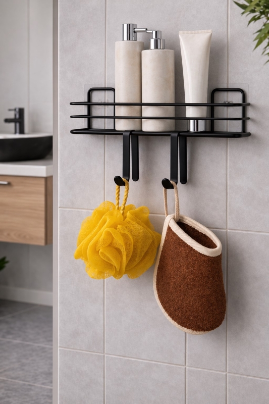 4 Parça Banyo Aksesuar Seti Yapışkanlı Duvar Rafı 5 LT Çöp Kovası Tuvalet Fırça Siyah Titan 7104 - 6