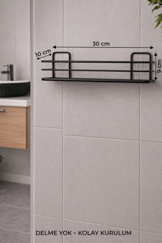 4 Parça Banyo Aksesuar Seti Yapışkanlı Duvar Rafı 5 LT Çöp Kovası Tuvalet Fırça Siyah Titan 7104 - 7