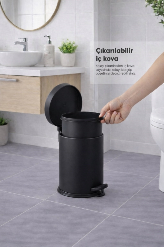 4 Parça Banyo Aksesuar Seti Yapışkanlı Duvar Rafı 5 LT Çöp Kovası Tuvalet Fırça Siyah Titan 7104 - 5