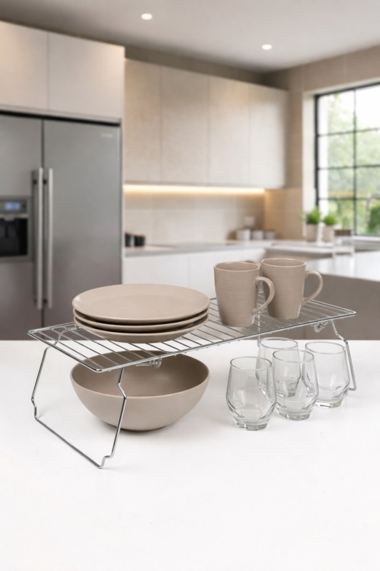 47 cm Geniş Metal Dolap İçi Düzenleyici Raf - Mutfak Tezgah Üstü Katlanabilir Tabak Düzenleyici Krom - 1