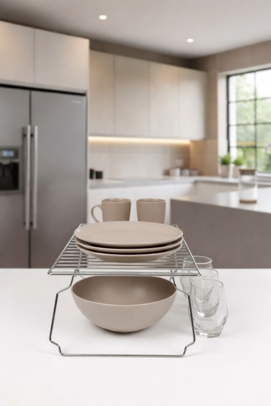 47 cm Geniş Metal Dolap İçi Düzenleyici Raf - Mutfak Tezgah Üstü Katlanabilir Tabak Düzenleyici Krom - 2