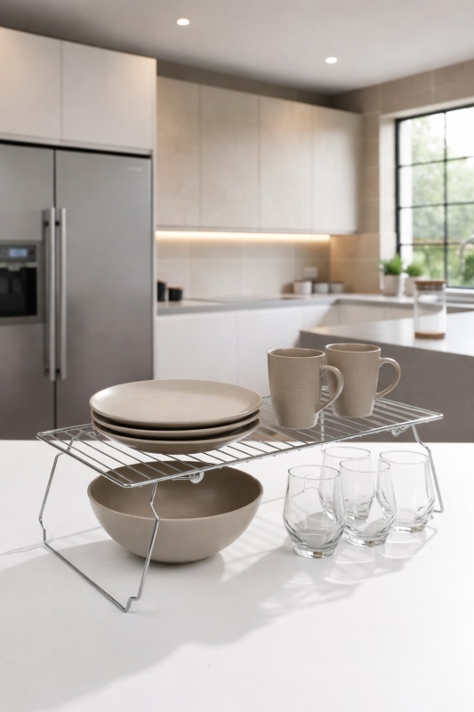 47 cm Geniş Metal Dolap İçi Düzenleyici Raf - Mutfak Tezgah Üstü Katlanabilir Tabak Düzenleyici Krom - 4