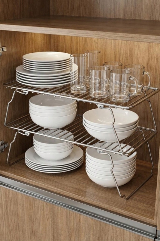 47 cm Geniş Metal Dolap İçi Düzenleyici Raf - Mutfak Tezgah Üstü Katlanabilir Tabak Düzenleyici Krom - 6
