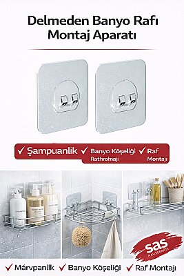 4'lü Banyo Rafı Yapışkanı – Delmeden Şampuanlık ve Banyo Köşelik Montaj Aparatı - Sas Haus