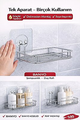 4'lü Banyo Rafı Yapışkanı – Delmeden Şampuanlık ve Banyo Köşelik Montaj Aparatı - 3