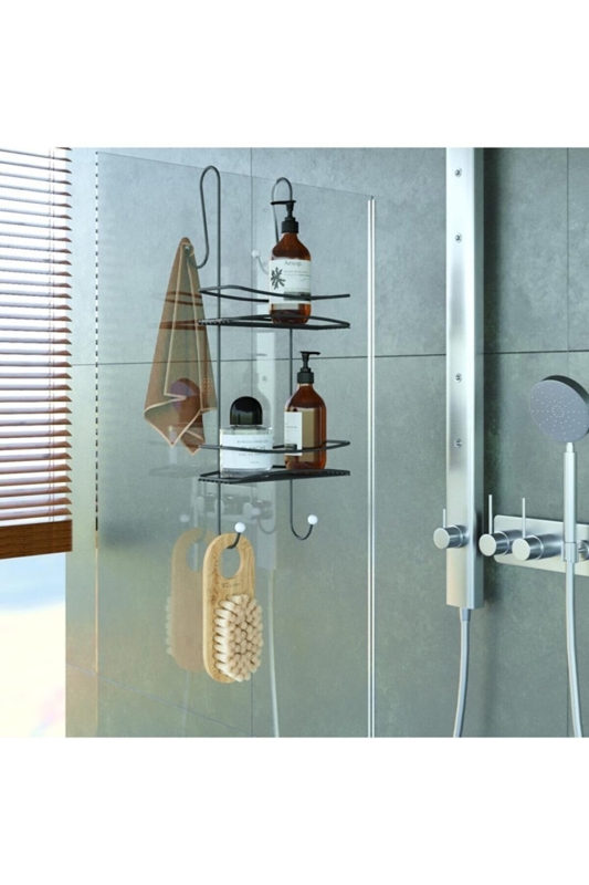 Banyo Aksesuar Seti 4 Lü SİYAH,Ömür Boyu Paslanmaz Duşakabin Askısı Duş Rafı Şampuanlık SİYAH D-1 - 4
