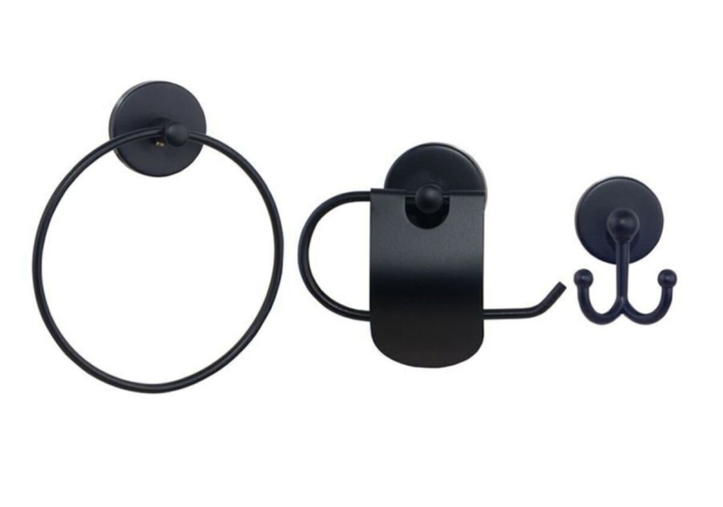 Banyo Aksesuar Seti Yuvarlak Havluluk Kapaklı Tuvalet Kağıtlığı 3 Lü Set SİYAH - 1