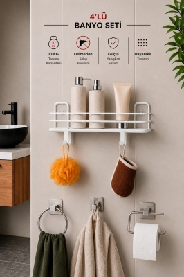 Banyo Düzenleyici Set 4 Parça Yapışkanlı Şampuanlık Tuvalet Kağıtlığı Havluluk Askı TSS-01 Beyaz - Sas Haus