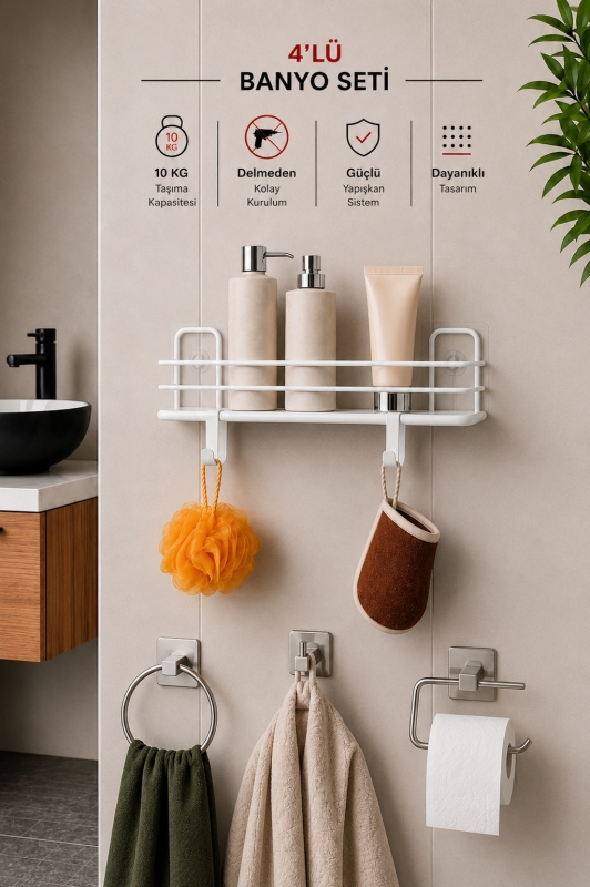 Banyo Düzenleyici Set 4 Parça Yapışkanlı Şampuanlık Tuvalet Kağıtlığı Havluluk Askı TSS-01 Beyaz - 1
