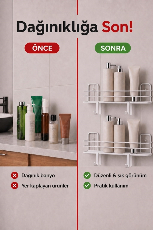 Banyo Düzenleyici Set 4 Parça Yapışkanlı Şampuanlık Tuvalet Kağıtlığı Havluluk Askı TSS-01 Beyaz - 2