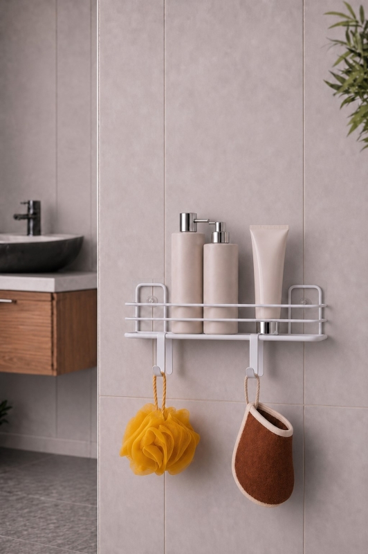 Banyo Düzenleyici Set 4 Parça Yapışkanlı Şampuanlık Tuvalet Kağıtlığı Havluluk Askı TSS-01 Beyaz - 3