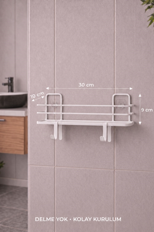 Banyo Düzenleyici Set 4 Parça Yapışkanlı Şampuanlık Tuvalet Kağıtlığı Havluluk Askı TSS-01 Beyaz - 7