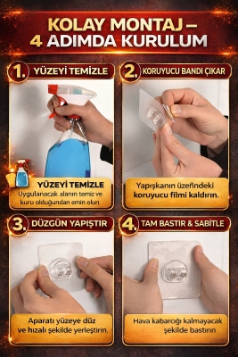 Banyo Düzenleyici Set 4 Parça Yapışkanlı Şampuanlık Tuvalet Kağıtlığı Havluluk Askı TSS-01 Beyaz - 8