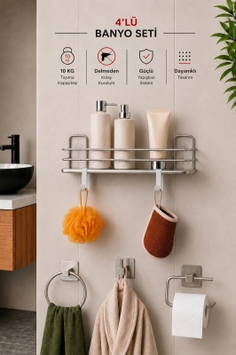 Banyo Düzenleyici Set 4 Parça Yapışkanlı Şampuanlık Tuvalet Kağıtlığı Havluluk Askı TSS-01 Krom - Sas Haus