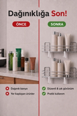 Banyo Düzenleyici Set 4 Parça Yapışkanlı Şampuanlık Tuvalet Kağıtlığı Havluluk Askı TSS-01 Krom - 2