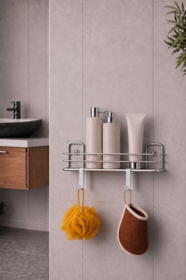Banyo Düzenleyici Set 4 Parça Yapışkanlı Şampuanlık Tuvalet Kağıtlığı Havluluk Askı TSS-01 Krom - 3