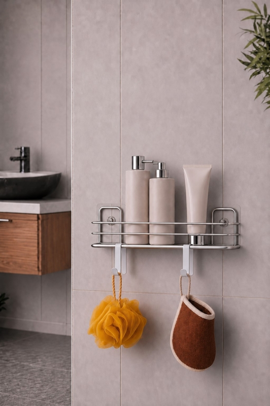 Banyo Düzenleyici Set 4 Parça Yapışkanlı Şampuanlık Tuvalet Kağıtlığı Havluluk Askı TSS-01 Krom - 3