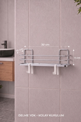 Banyo Düzenleyici Set 4 Parça Yapışkanlı Şampuanlık Tuvalet Kağıtlığı Havluluk Askı TSS-01 Krom - 7