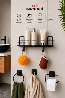 Banyo Düzenleyici Set 4 Parça Yapışkanlı Şampuanlık Tuvalet Kağıtlığı Havluluk Askı TSS-01 Siyah - Sas Haus