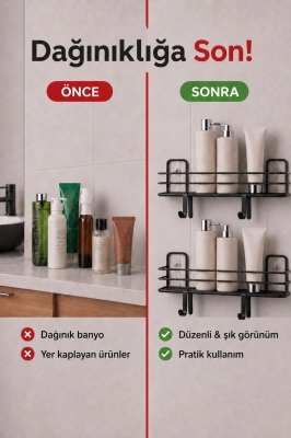 Banyo Düzenleyici Set 4 Parça Yapışkanlı Şampuanlık Tuvalet Kağıtlığı Havluluk Askı TSS-01 Siyah - 2