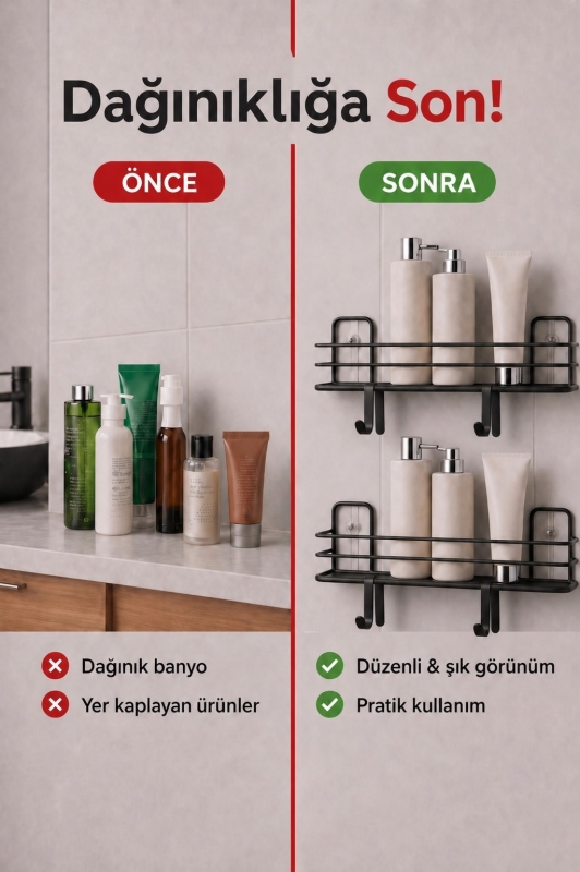 Banyo Düzenleyici Set 4 Parça Yapışkanlı Şampuanlık Tuvalet Kağıtlığı Havluluk Askı TSS-01 Siyah - 2