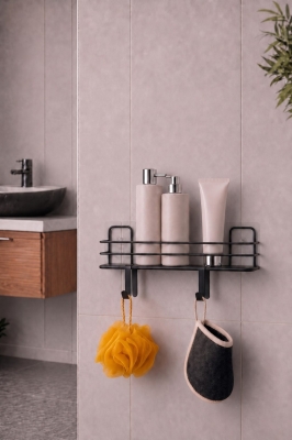 Banyo Düzenleyici Set 4 Parça Yapışkanlı Şampuanlık Tuvalet Kağıtlığı Havluluk Askı TSS-01 Siyah - 3
