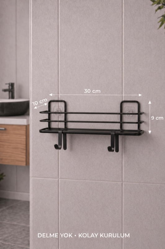Banyo Düzenleyici Set 4 Parça Yapışkanlı Şampuanlık Tuvalet Kağıtlığı Havluluk Askı TSS-01 Siyah - 7