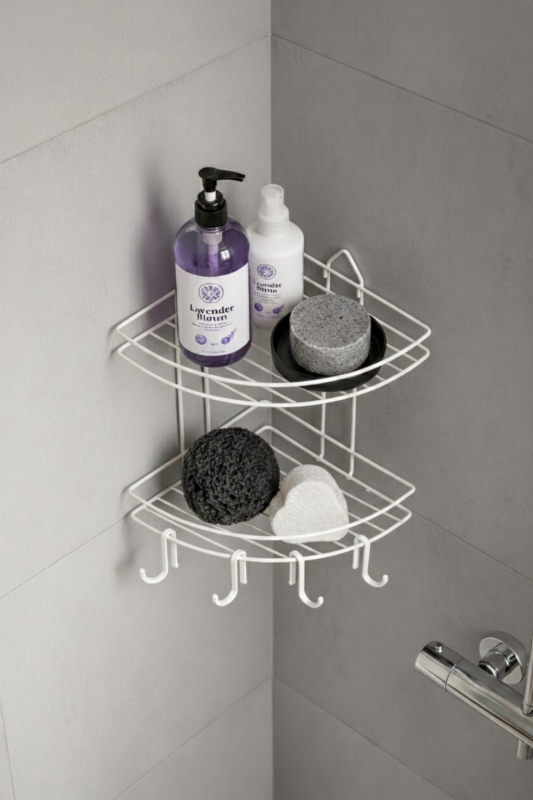 Banyo Köşe Rafı Askılı Duş Organizeri ve Şampuanlık 2 Katlı Beyaz EK-02 - 2